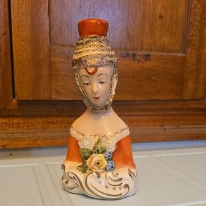 Vintage Ceramic Lady Bust Figurine - Orange and Cream